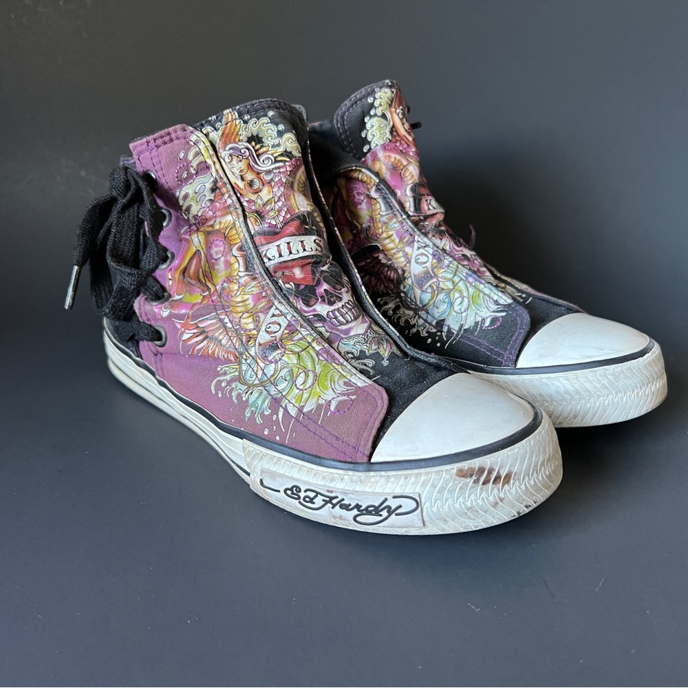 SOLD - Ed Hardy Women's Black and Purple High-Top Sneakers